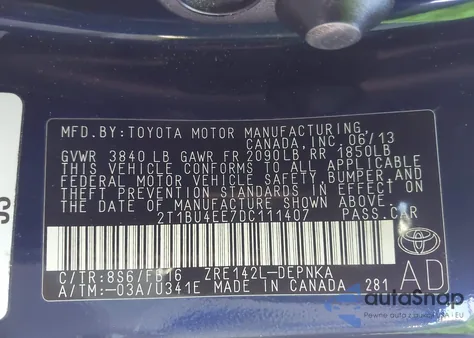 2013 Toyota Corolla Le z USA, uszkodzony, nr VIN 2T1BU4EE7DC111407